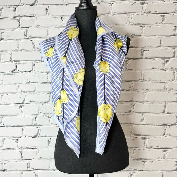Talbots Accessories - 💸Sold💸 Talbots 100% Silk Scarf Crisp Tulip Floral Blue Yellow Striped